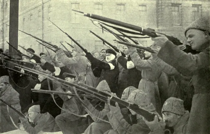 Framed Print : National militia firing on a Czarist police position during Russian Revolution. 1917. (BSLOC_2013_4_215)