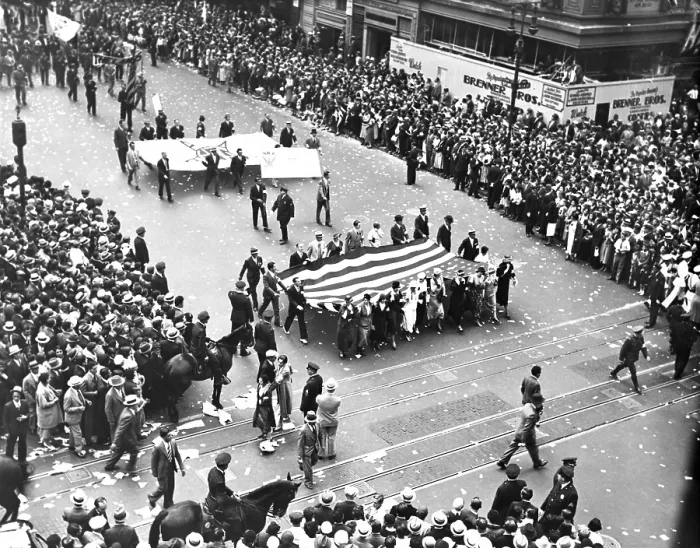 Framed Print : National Recovery Administration (NRA) parade, NYC, 1933. The large American flag is carried by female film industry workers. (BSLOC_2013_7_91)