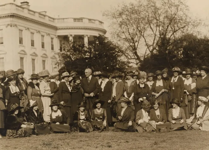 Framed Print : National Woman's Party members with President Harding on the lawn in front of the White House