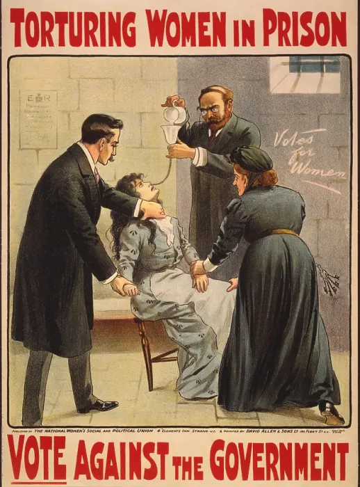 Framed Print : National Women's Social and Political Union poster of British suffragist hunger strikers being force fed in prison. Cal 1910