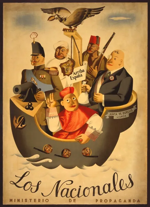 Framed Print : THE NATIONALISTS. 1936 Spanish Civil War poster presenting Republican anti-Franco propaganda. Ca. 1936-39. Five figures represent the interests backing the Nationalists