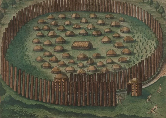 Framed Print : A native American fortified town in Florida surrounded by a palisade. At lower right, warriors run out of the entrance, possibly in pursuit of an intruder