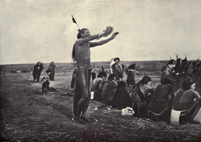 Framed Print : Native American Ghost Dancer standing rigid in a trance like state, c. 1890. Reproduction of a painting by Mary Irvin Wright (BSLOC_2017_18_10)