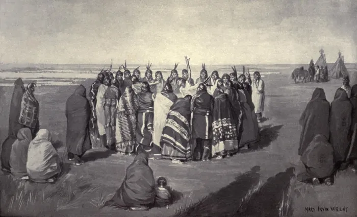 Framed Print : Native American Ghost Dancers in a circle, c. 1890. Dancers sang but usually made no use of drums, rattles, or other musical instruments