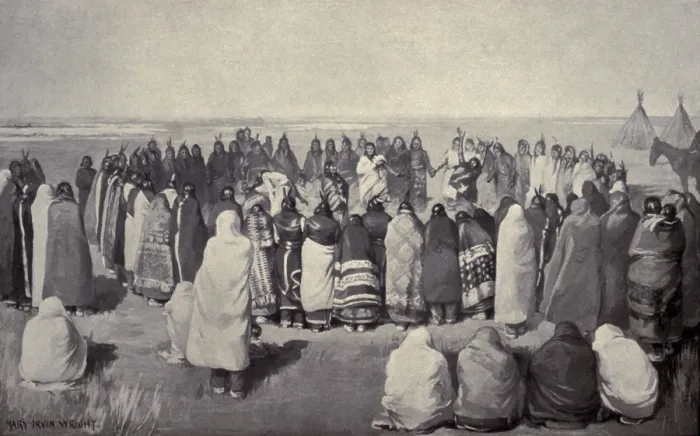 Framed Print : Native American Ghost Dancers in a large circle, holding hands, c. 1890