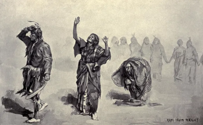 Framed Print : Native American Ghost Dancers left the dance circle during inspirations, prayer, and visions, 1890. Reproduction of a painting by Mary Irvin Wright (BSLOC_2017_18_9) Framed Print : Native American Ghost Dancers left the dance circle during inspirations, prayer, and visions, 1890. Reproduction of a painting by Mary Irvin Wright (BSLOC_2017_18_9)