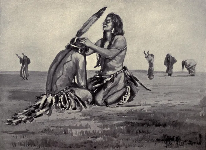 Framed Print : Native American Ghost Dancers in prayer, practicing the laying on of hands, c. 1890. Reproduction of a painting by Mary Irvin Wright (BSLOC_2017_18_7)