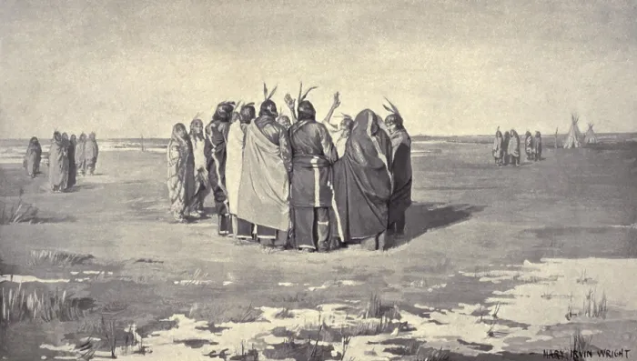 Framed Print : Native American Ghost Dancers in a small circle, holding hands, c. 1890 Framed Print : Native American Ghost Dancers in a small circle, holding hands, c. 1890