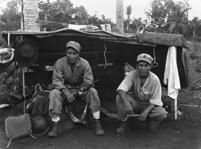 Framed Print : Native American Marines at their shelter on a Guam hillside