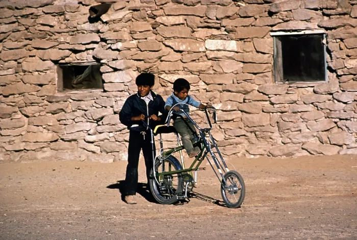 Framed Print : Native American reservation. Two Hopi boys with a bicycle. Hopi Reservation, Arizona ca. 1973