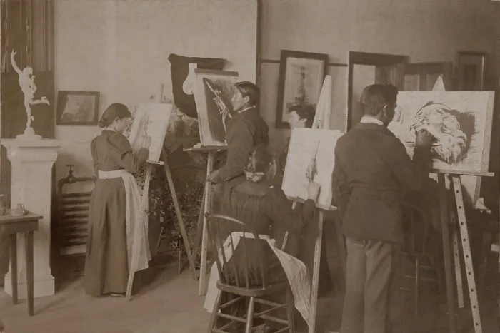 Framed Print : Native American teenage students drawing in an art class at the Carlisle Indian Industrial School, ca. 1890-1910 (BSLOC_2019_9_163)