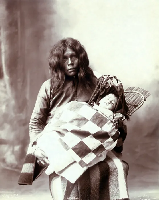 Framed Print : Native American woman and chiled, woman and baby of the Wichita Indian tribe, photograph by Frank A. Rinehart, 1899