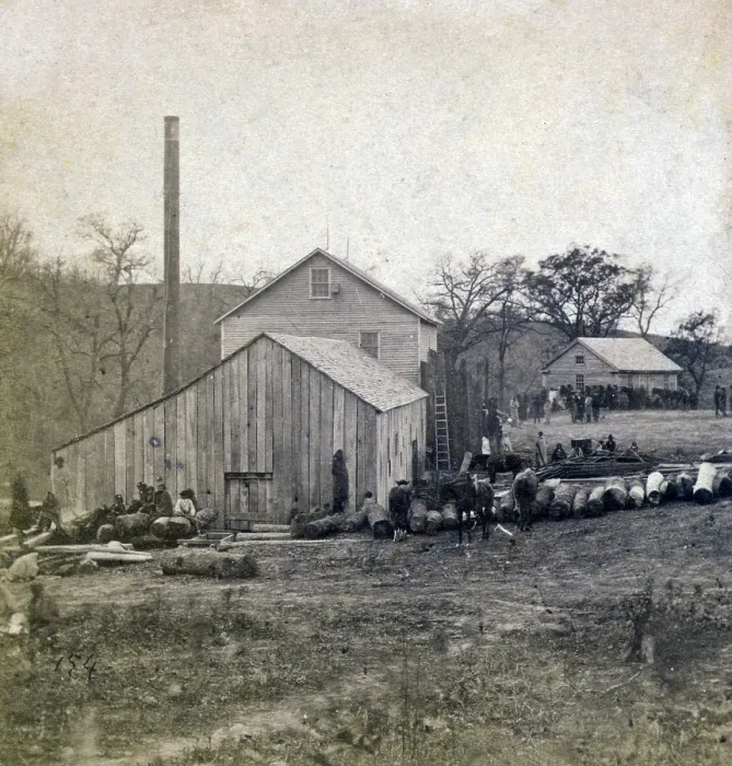 Framed Print : Native Americans and others outdoors at timber mill and shop. ca. 1860 Framed Print : Native Americans and others outdoors at timber mill and shop. ca. 1860