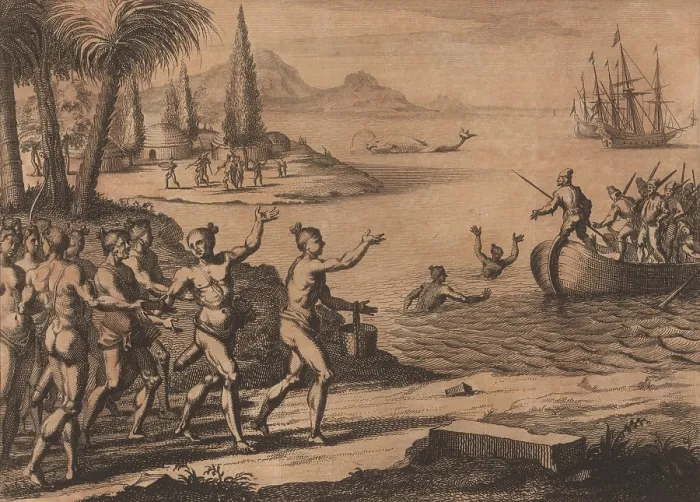 Framed Print : Native Americans swim out to a small boat of arriving Europeans in an engraving of 1706. Two sailing ships are anchored offshore