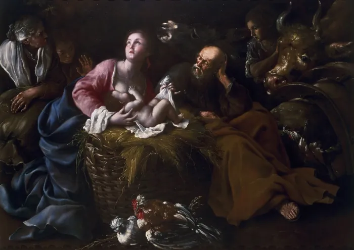 Framed Print : Nativity, by Bartolomeo Guidobono also known as Prete Savonese, ca. 1690, 17th Century, oil on canvas, 141 x 214 cm - Private collection. Whole artwork view