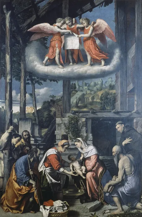 Framed Print : Nativity of Jesus - Adoration of the Shepherds (Nativit - Adorazione dei pastori), by Alessandro Bonvicino known as Il Moretto da Brescia, 16th Century, oil on canvas - Italy Framed Print : Nativity of Jesus - Adoration of the Shepherds (Nativit - Adorazione dei pastori), by Alessandro Bonvicino known as Il Moretto da Brescia, 16th Century, oil on canvas - Italy