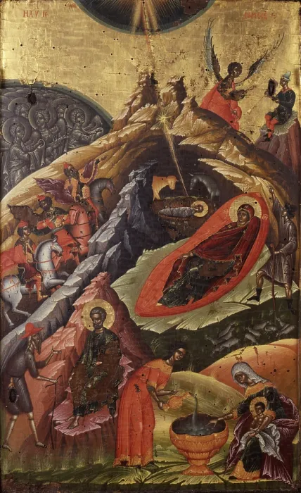 Framed Print : Nativity, by Onufri Qiprioti, 17th Century, tempera on wood - Albania, Kora, National Museum of Medioeval Art. Whole artwork view
