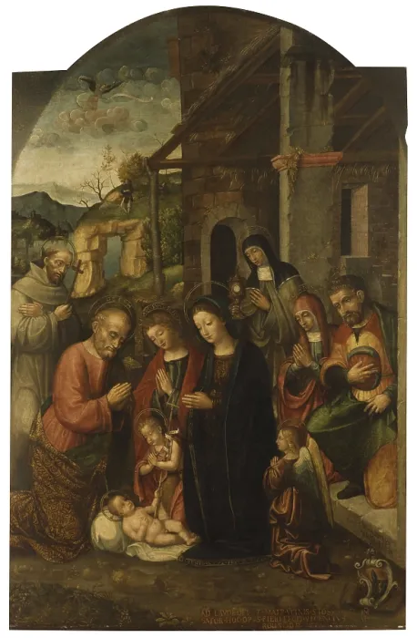 Framed Print : Nativity and Saints, by Bernardino Fasolo, 1521, 16th Century, paint on board - Italy, Lombardy, Pavia, Civic Collection Malaspina. Whole artwork view