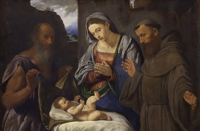 Framed Print : Nativity with Saints Jerome and Francis (Nativit con i santi Girolamo e Francesco), by Giovanni Girolamo Savoldo, 1527, 16th Century, oil on canvas, 90 x 137 cm - Italy, Piedmont Framed Print : Nativity with Saints Jerome and Francis (Nativit con i santi Girolamo e Francesco), by Giovanni Girolamo Savoldo, 1527, 16th Century, oil on canvas, 90 x 137 cm - Italy, Piedmont