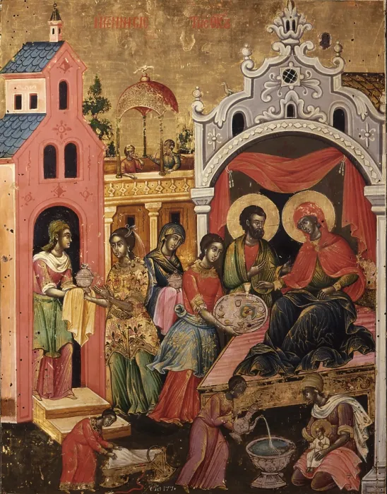 Framed Print : Nativity of the Virgin, by Athanas and Kostantin Zografi, tempera su legno - Albania, Kora, National Museum of Medioeval Art. Whole artwork view