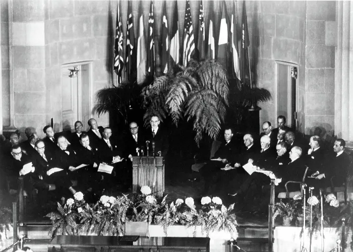Framed Print : N.A.T.O.-4 / 4 / 49 WASHINGTON-- Secretary of State Dean Acheson makes welcoming address at North Atlantic treaty Signing Ceremonies.. Courtesy: CSU Archives  /  Everett Collection