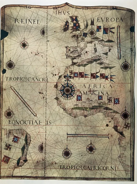 Framed Print : Nautical chart depicting the West Coast of Africa, Brazil, the North Atlantic Ocean and the South Atlantic Ocean, by Jorge Reinel. 1535