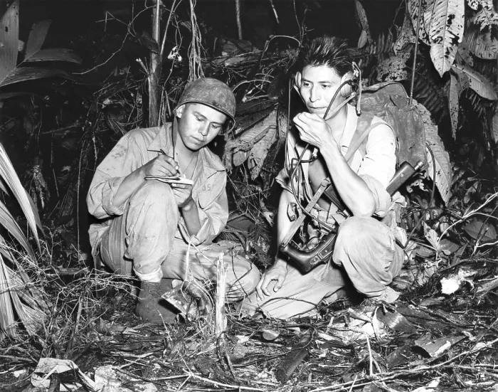 Framed Print : Navajo Indians with a U.S. Marine Signal Unit, operate a portable radio in Bougainville jungle