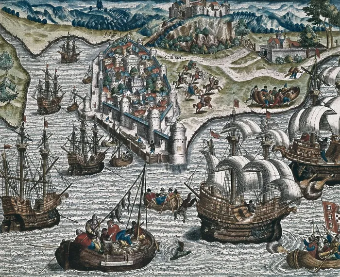 Framed Print : Naval fight in front of Lisbon. Illustration of the third part of the Great Travels to America by Theodore de Bry. Flemish art. Engraving. FRANCE. Vincennes