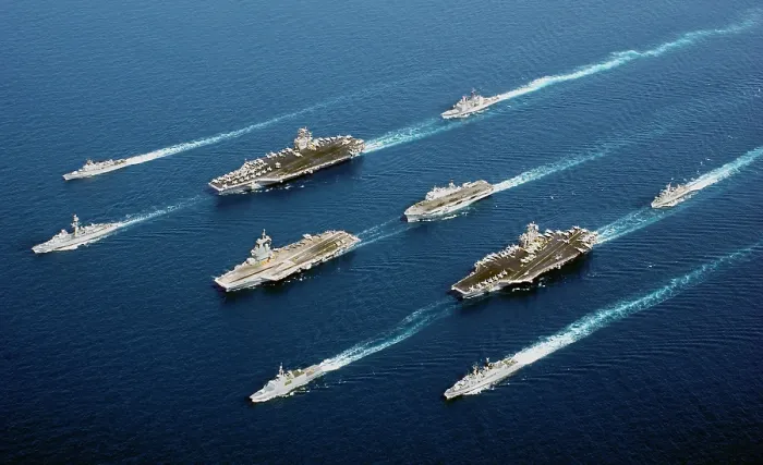Framed Print : Naval vessels from five nations France Italy Netherland UK and US sail in parade formation. In four descending columns from left to right ITS Maestrale De Grasse USS John C Framed Print : Naval vessels from five nations France Italy Netherland UK and US sail in parade formation. In four descending columns from left to right ITS Maestrale De Grasse USS John C
