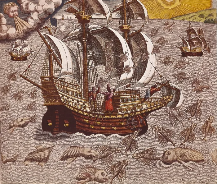 Framed Print : Navigatio en Brasiliam Americae, 16th c. Flying Fish Meet in the Torrid Zone. Flemish art. Engraving. FRANCE. Paris. Bibliothque du service historique de la Marine