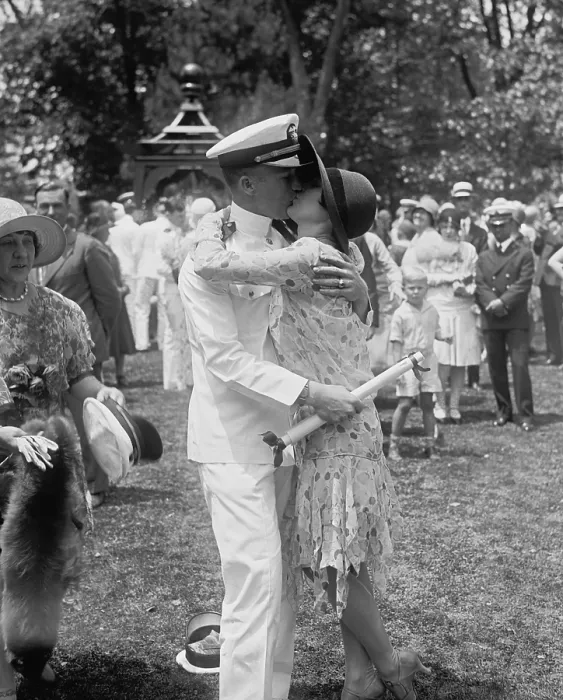 Framed Print : Navy Ensign Clyde Roberts kissing Ann Tardy after commencement exercises at Annapolis, Maryland