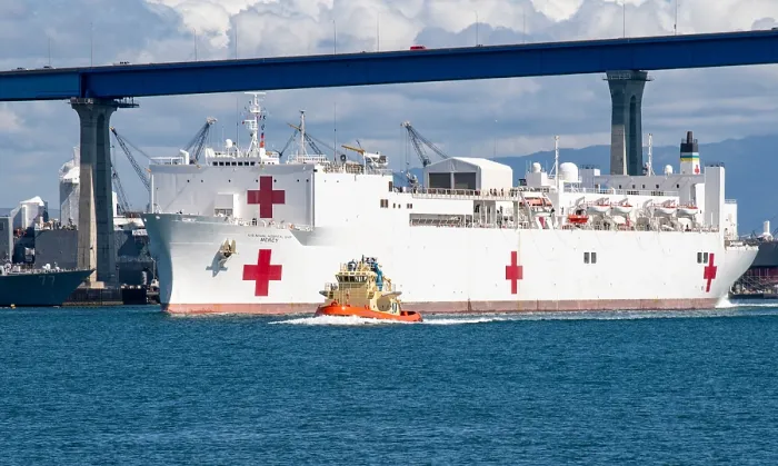 Framed Print : US Navy Hospital Ship, USNS Mercy, navigates in San Diego channel, California, March 23, 2020