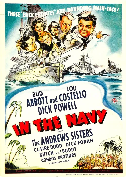Framed Print : IN THE NAVY, top from left: Dick Powell, The Andrews Sisters, Bud Abbott, Lou Costello on midget window card, 1941