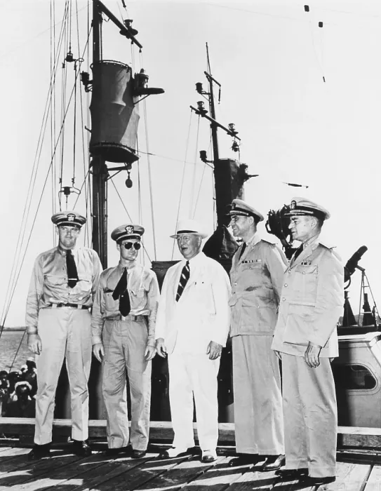 Framed Print : Navy Secretary Frank Knox on inspection tour to heighten anti-submarine defenses. July 19, 1942 in Charleston, SC. L-R: Lt. Cmdr. M.W. Greenough; Frank Knox; Rear Adm Framed Print : Navy Secretary Frank Knox on inspection tour to heighten anti-submarine defenses. July 19, 1942 in Charleston, SC. L-R: Lt. Cmdr. M.W. Greenough; Frank Knox; Rear Adm