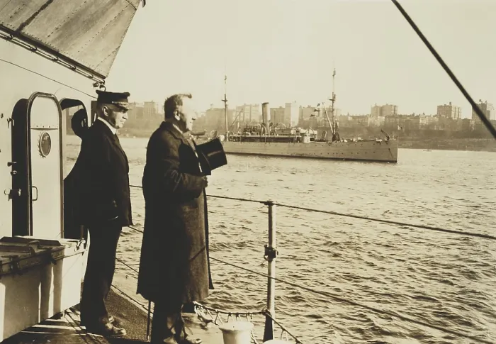 Framed Print : Navy Secretary Josephus Daniels reviewing the mine sweeper fleet from ship in Hudson River. New York Circa 1913-1921. (BSLOC_2016_13_170.jpg )