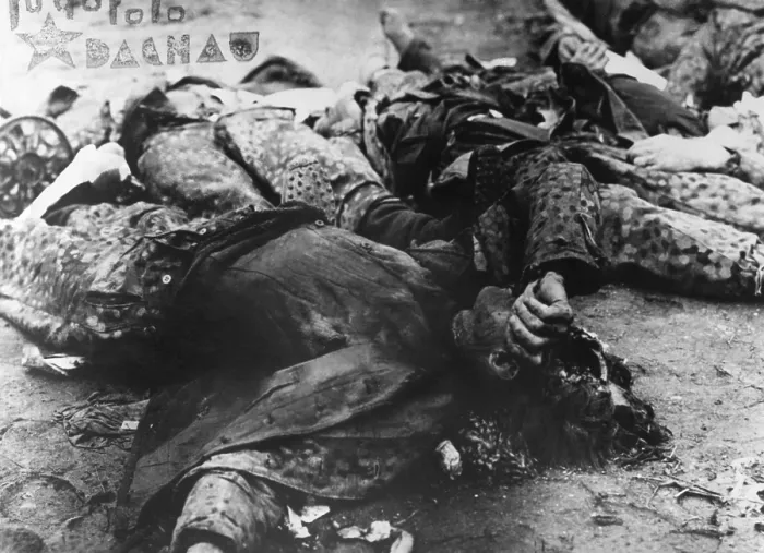 Framed Print : Nazi SS Soldiers from Dachau Hospital were shot in the coal yard by U.S. soldiers. The 100 were under guard near when a machine gunner fired and other soldiers joined