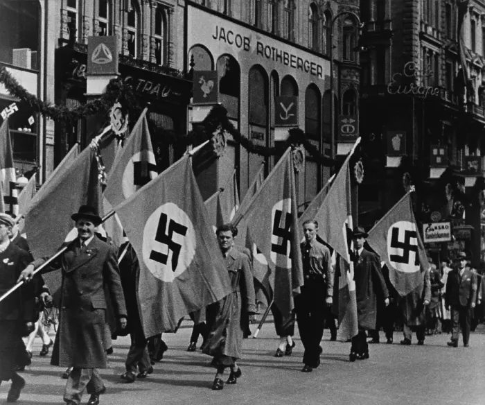 Framed Print : Nazis parade in Vienna, Austria, on May Day, 1938. The Anschluss with Nazi Germany violated of the Treaty of Versailles