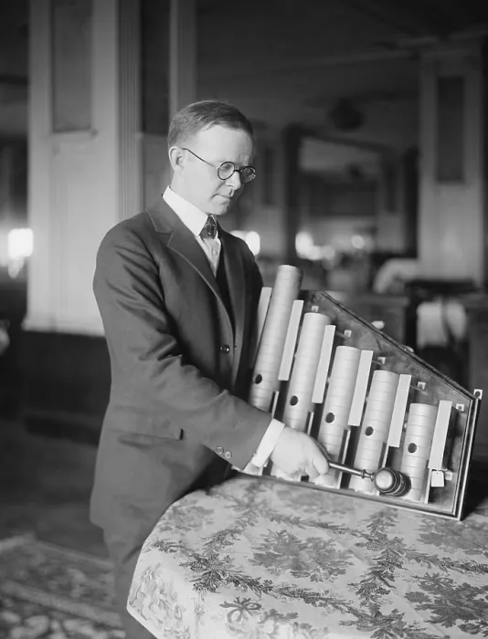 Framed Print : NBC Announcer Lambdin Kay playing the famous NBC chimes, ca. 1926-29. (BSLOC_2015_17_151)
