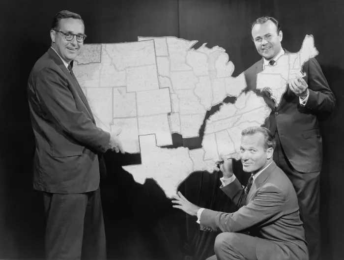 Framed Print : NBC television news anchormen illustrate the new 1962 organization of the nightly news