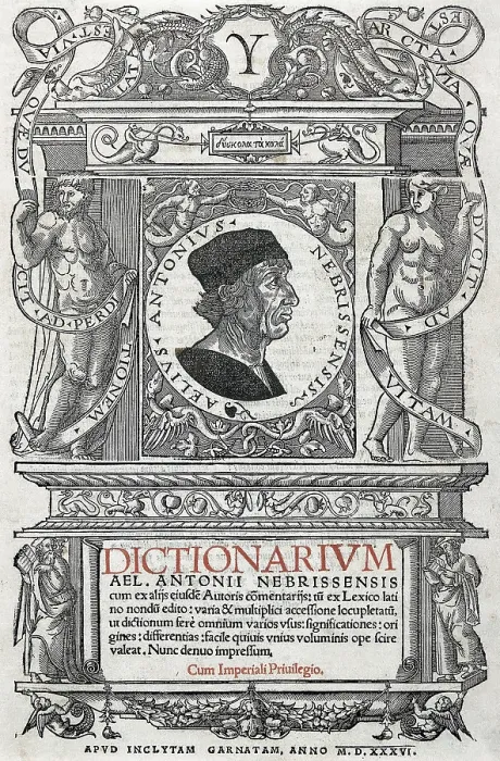 Framed Print : NEBRIJA, Antonio Martinez de Cala, called Antonio de (1441-1522). Spanish humanist and grammarian. Dictionary. Cover. SPAIN. Madrid. National Library Framed Print : NEBRIJA, Antonio Martinez de Cala, called Antonio de (1441-1522). Spanish humanist and grammarian. Dictionary. Cover. SPAIN. Madrid. National Library