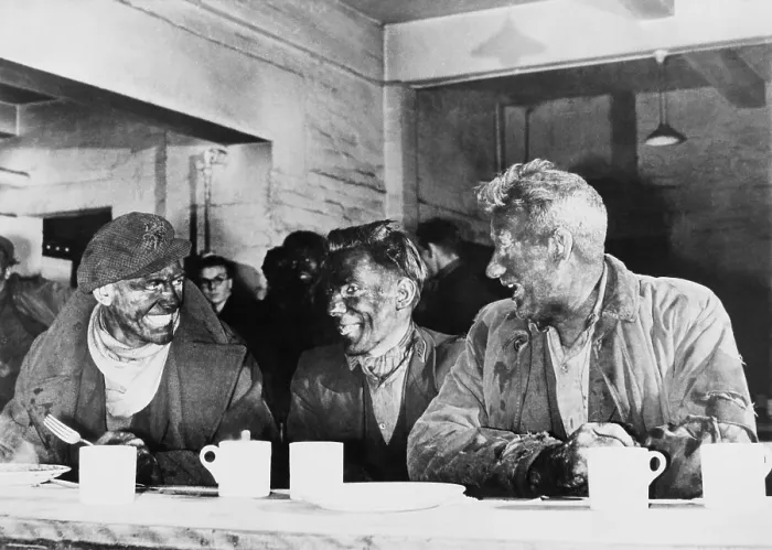 Framed Print : Ned Greenslade (left), champion British miner, with fellow coal miners at the canteen Framed Print : Ned Greenslade (left), champion British miner, with fellow coal miners at the canteen