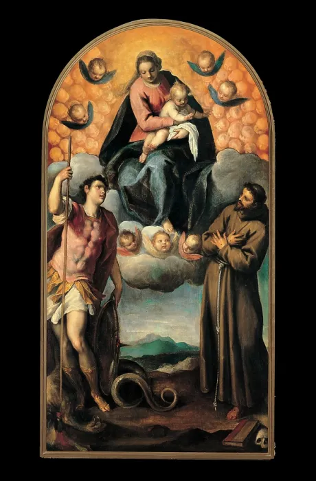 Framed Print : Negretti Jacopo know as Palma the Younger, Madonna and Child in Glory with St George and St Francis, 1620 - 1630, 17th Century, canvas, Italy, Veneto, Badia Polesine, Rovigo