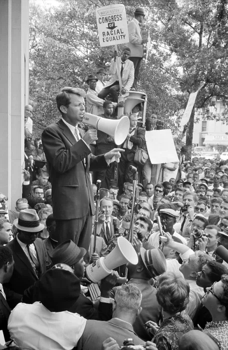 Framed Print : Negro demonstration in Washington D.C. Attorney General Robert F. Kennedy (with megaphone) speaking to a crowd outside the justice department, by Warren K. Leffler, June 14, 1963