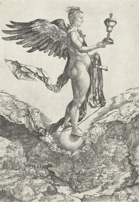 Framed Print : Nemesis, by Albrecht Durer, 1499-1503, German print, copper engraving. The winged goddess of divine retribution on a globe floating above a river valley village (BSLOC_2016_2_183) Framed Print : Nemesis, by Albrecht Durer, 1499-1503, German print, copper engraving. The winged goddess of divine retribution on a globe floating above a river valley village (BSLOC_2016_2_183)