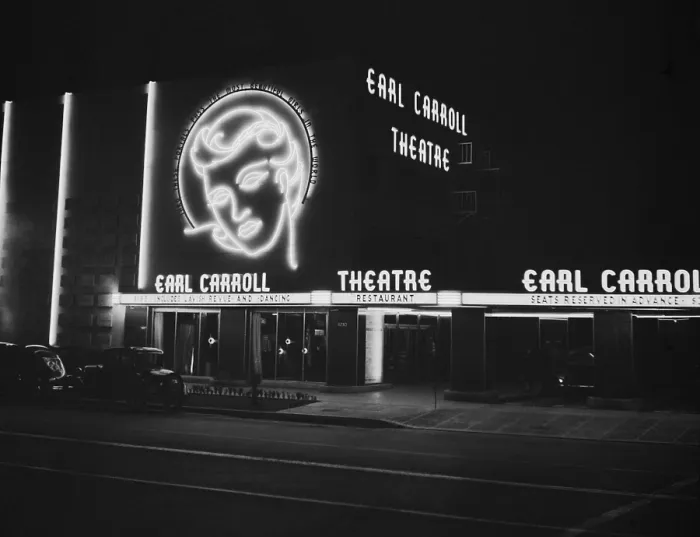 Framed Print : Neon signs at the famous Earl Carroll theater in Hollywood. Photo by Russell Lee, April 1942. Signs advertise a lavish review and dancing. (BSLOC_2015_17_217)