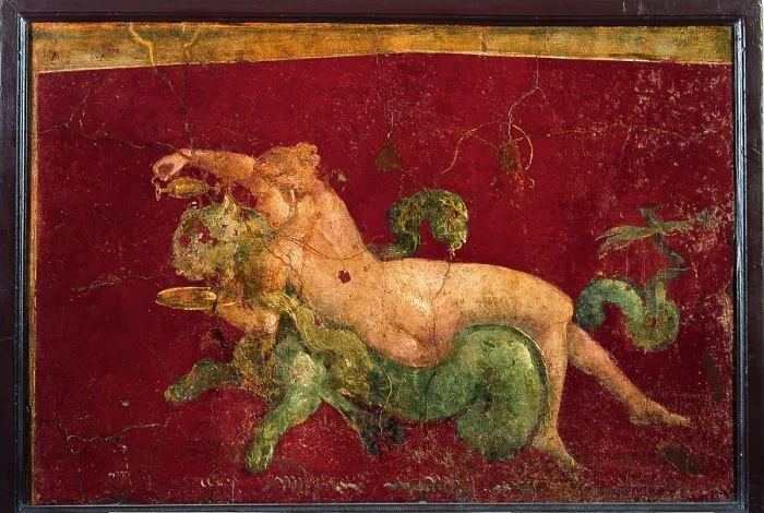 Framed Print : Nereid on a Panther, by unknown artist, 54-68, 1st Century A.D. ripped fresco, 62 x 92 cm - Italy, Campania, Naples, National Archaeological Museum, Room LXXVII, inv. 8870