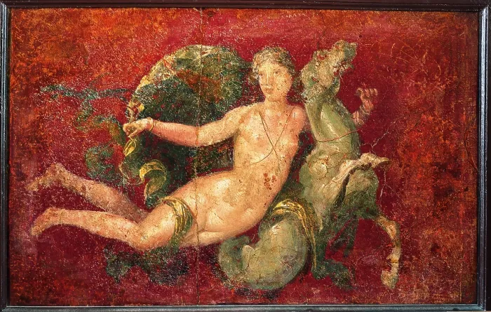 Framed Print : Nereid on a Sea Horse, by unknown artist, 54-68, 1st Century A.D. ripped fresco, 62 x 92 cm - Italy, Campania, Naples, National Archaeological Museum, Room LXXVII, inv. 8870