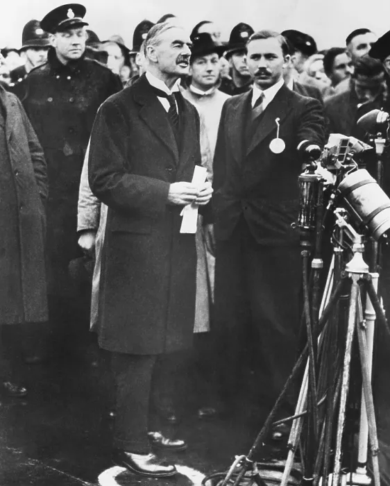 Framed Print : Neville Chamberlain, Prime Minister of Great Britain reporting there will be Peace in our time