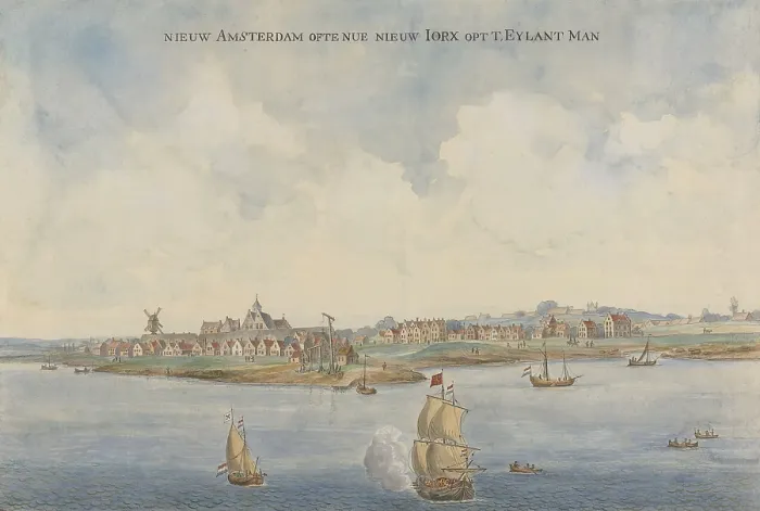 Framed Print : New Amsterdam, by Anonymous Artist, c. 1660, Dutch painting, watercolor on paper. View of coastline of an Manhattan Island from the sea. Three sailing ships fly Dutch flags
