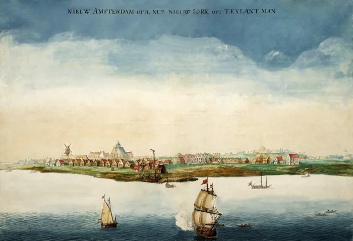 Framed Print : New Amsterdam by Johannes Vingboons, colored engraving created in 1664, the year the city was surrendered by the Dutch to three British Warships, in August 1664 (BSLOC_2020_1_196)